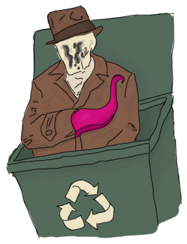 Rorschach from Watchmen in a recycle bin